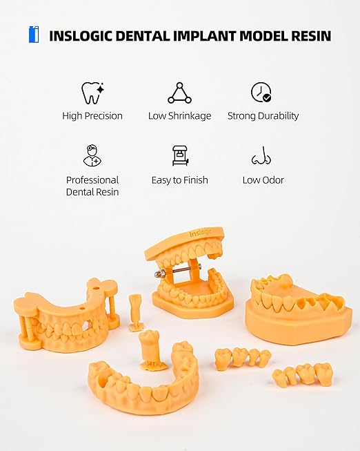 Inslogic Dental Implant Model 3D Printe Resin, High Accuracy and Low Shrinkage, Smooth Surface, 405nm UV-Curing Resin for Dental Models, Prosthetics, Orthodontics, Research (Yellow, 1kg)