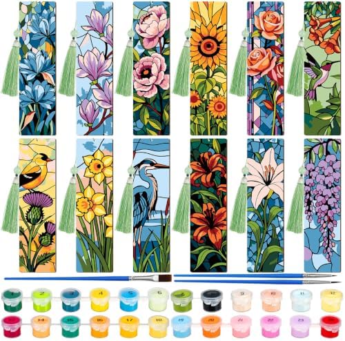 Kosiz 12 Pcs Glass Flowers Paint by Number Kit for Adult Wood Bookmark by Kosiz