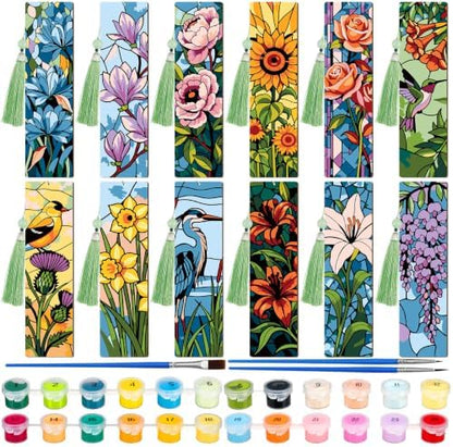 Kosiz 12 Pcs Glass Flowers Paint by Number Kit for Adult Wood Bookmark by Kosiz