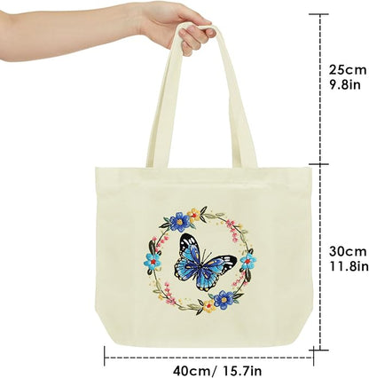 ERKOON Canvas Tote Bag Embroidery Kit for Beginners, Floral Arts Crafts Cross Stitch Kits for Adults Including Stamped Embroidery Bag with Hoops, Needle, Instruction and Color Threads (Butterfly)