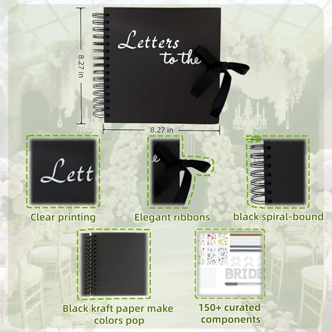 8" x 8" Letters to the Bride Scrapbook Album Guest Book, 80 Blank Pages Hardcover Photo Scrapbook Wedding Memory Book for Bridal DIY, Family, Anniversary with DIY Accessories Kit (Black Kraft Paper)