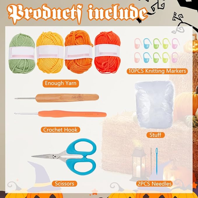BEUNITONE Crochet Kit for Beginners 6 Set Pumpkins Crochet Kits for Adults Starter with Step-by-Step Instructions Cute Pumpkin Crochet Kit Adults DIY Craft Gift Set for Halloween Christmas Gifts