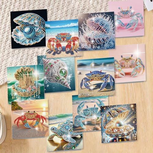 jinglinhh 12pcs Diamond Art Painting Beach Crab Seashell Conch Seaturtle Greeting Cards with Envelopes, DIY Card Making Kits for Adults, Diamond Art Postcards Christmas Cards Craft Gifts - Image 4