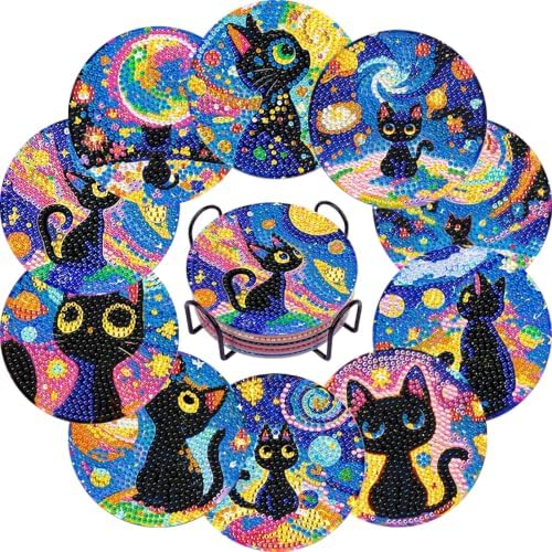 10 PCS Black Cat Diamond Art Coasters Kit with Holder for Adults by EWJRNSFDiamondPainting