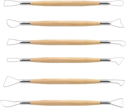 Suiwotin 6pcs Double-Sided Clay Sculpting Tools, Wooden Handle Ribbon Clay Tools, Pottery Trimming Tool, Clay Wire Loop Sculpture Set for Ceramic, Wax Carving Modeling