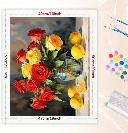 Still Life Paint by Numbers Kit for Adults - DIY Red and Yellow Roses with Lemons Painting on Canvas 16x20 Inches, Acrylic Paint Set, Suitable for Beginners, Art for Home Decor or Gifts - Image 2