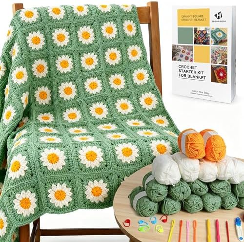 HHSarioneiro 2026 New Crochet Blanket Kit for Beginners, Easy Granny Square Crochet Kit for Adults,with Step-by-Step Instructions and Clear Videos, Includes Multiple Accessories, Gift for Craft Lovers by Unknown