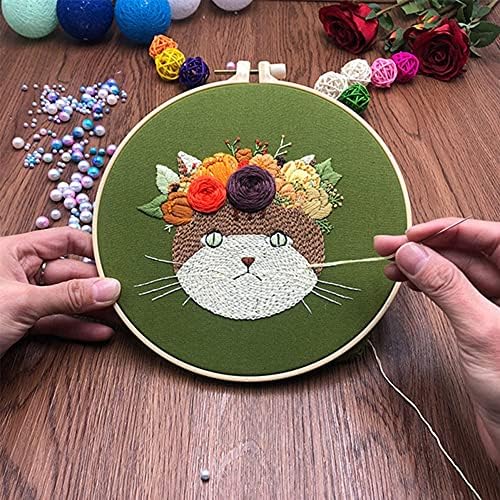 Mozzyyee Embroidery Starter kit, DIY Adult Beginner Embroidery Kits, Including Cloth with Cat Patterns, Colored Threads, Needles, Hoops and Instructions (Green) - Image 2