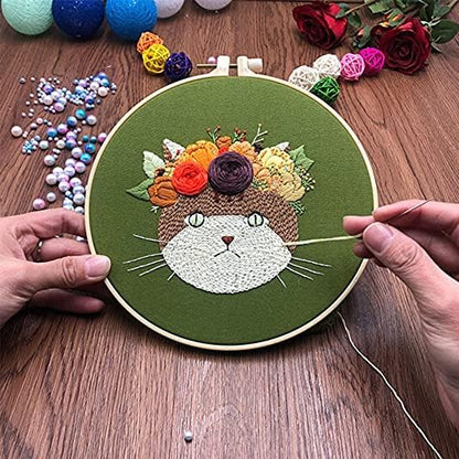 Mozzyyee Embroidery Starter kit, DIY Adult Beginner Embroidery Kits, Including Cloth with Cat Patterns, Colored Threads, Needles, Hoops and Instructions (Green) - Image 2