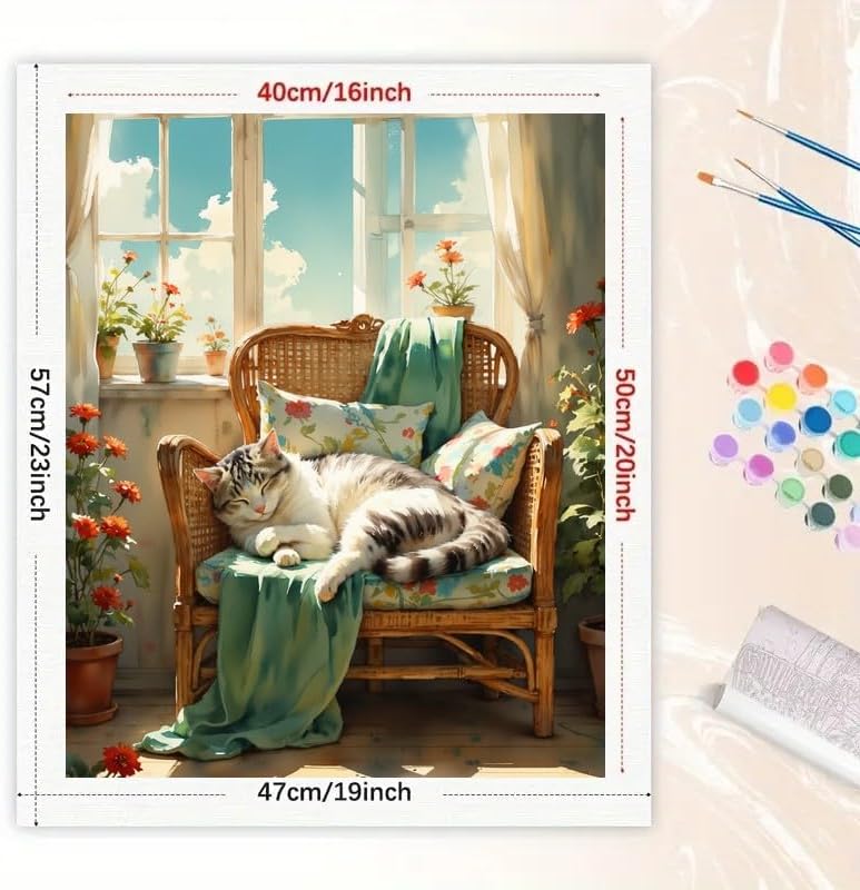 Cozy Corners Paint by Numbers Kit for Adults - DIY Sleeping Cat on Wicker Chair by Window Painting on Canvas 16x20 Inches, Acrylic Paint Set, Suitable for Beginners, Art for Bedroom or Gifts - Image 2