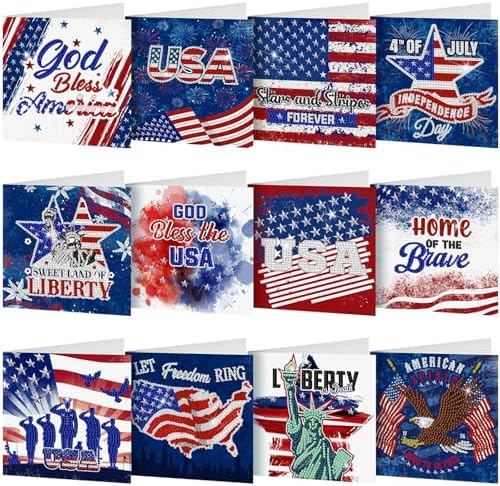 Saillong 12 Pack 4th of July Diamond Painting Greeting Card Kits Patriotic Diamond Art Cards with Envelopes Independence Day Red White Blue 5D Rhinestones Painting Making Kits for Adult DIY Craft Gift by Saillong