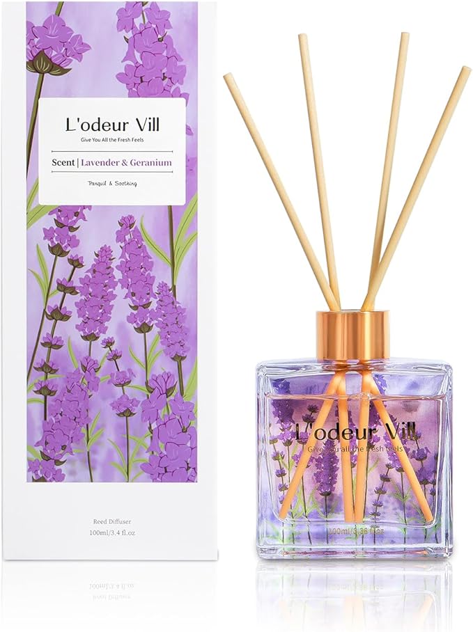 L'odeur Vill Reed Diffuser Set/Lavender Geranium/3.38 fl.oz（100ML）/1 Pack with 6 Reed Sticks/Home Fragrance Diffuser, Oil Scent Diffuser for Bathroom Shelf Decor.