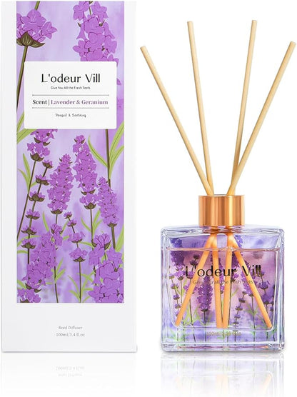 L'odeur Vill Reed Diffuser Set/Lavender Geranium/3.38 fl.oz（100ML）/1 Pack with 6 Reed Sticks/Home Fragrance Diffuser, Oil Scent Diffuser for Bathroom Shelf Decor.