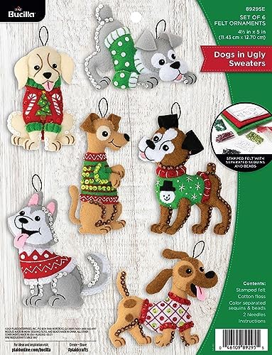 Bucilla Felt Applique 6 Piece Ornament Making Kit, Dogs in Ugly Sweaters, Perfect for DIY Arts and Crafts, 89295E by Bucilla