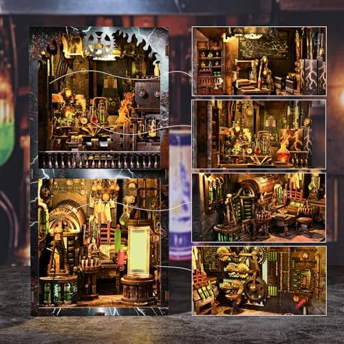 fifijoy Book Nook Kit, DIY Miniature Dollhouse Booknook Kit, 3D Wooden Puzzle Bookend Bookshelf Insert Decor with LED Light for Teens and Adults (Steampunk Mad Scientist Laboratory) - Image 2