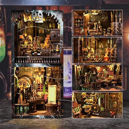 fifijoy Book Nook Kit, DIY Miniature Dollhouse Booknook Kit, 3D Wooden Puzzle Bookend Bookshelf Insert Decor with LED Light for Teens and Adults (Steampunk Mad Scientist Laboratory) - Image 2