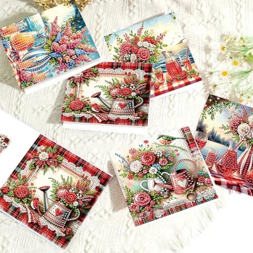 6pcs Lakeside Rose Flowers Vase Diamond Art Painting Greeting Cards Kit with Envelopes, 5D DIY Special Shaped Card Making Kits for Adults, Holiday Birthday Postcards Craft Gifts - Image 5