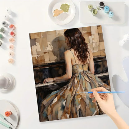 Elegant Pianist Paint by Numbers Kit for Adults – DIY Woman in Brown Dress Playing Piano Painting on Canvas 16x20 Inch, Acrylic Paint Set, Suitable for Beginners, Art for Decoration or Gifts - Image 3