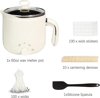 Aroparc Wax Melter for Candle Making Large 1.8L/60oz Electric Wax Melting Pot with Pouring Spout, Non-Stick Easy to Clean & Keep Warm - Wicks, Wick Stickers, Centering Tools, Spoon