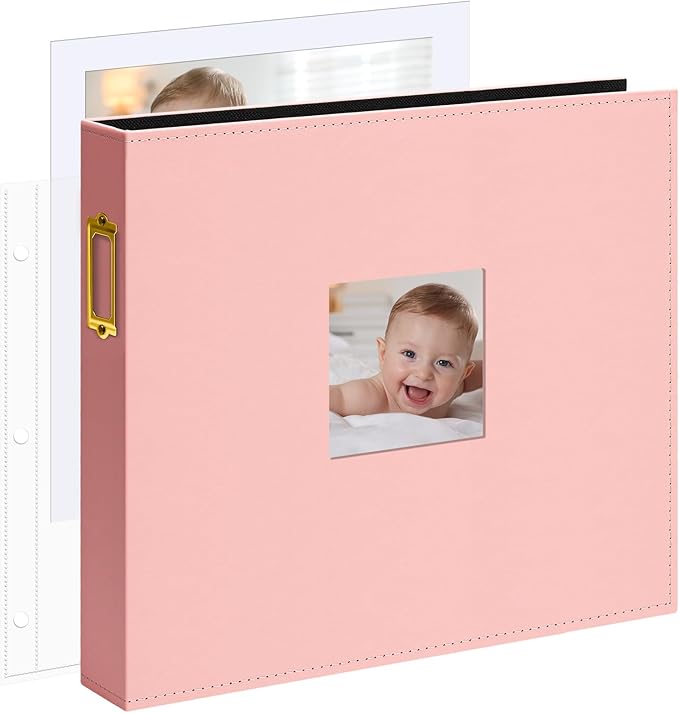 Vienrose 12x12 Inch Large 3 Ring DIY Scrapbook Photo Album Leather Cover Scrap Book Albums Blank Scrapbooks Photobook with 30 Plastic Sleeves 60 Pages for Wedding Baby Family Anniversary (Pink)