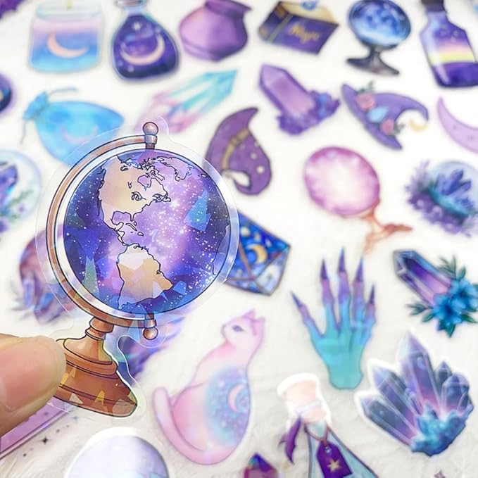 50PCS Holographic Witchcraft Stickers for Scrapbooking – Magic Astrology Clear Witchy Stickers with Iridescent Effect – Aesthetic Moon Crystal Spell Book Cat Decals