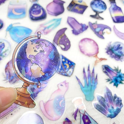 50PCS Holographic Witchcraft Stickers for Scrapbooking – Magic Astrology Clear Witchy Stickers with Iridescent Effect – Aesthetic Moon Crystal Spell Book Cat Decals