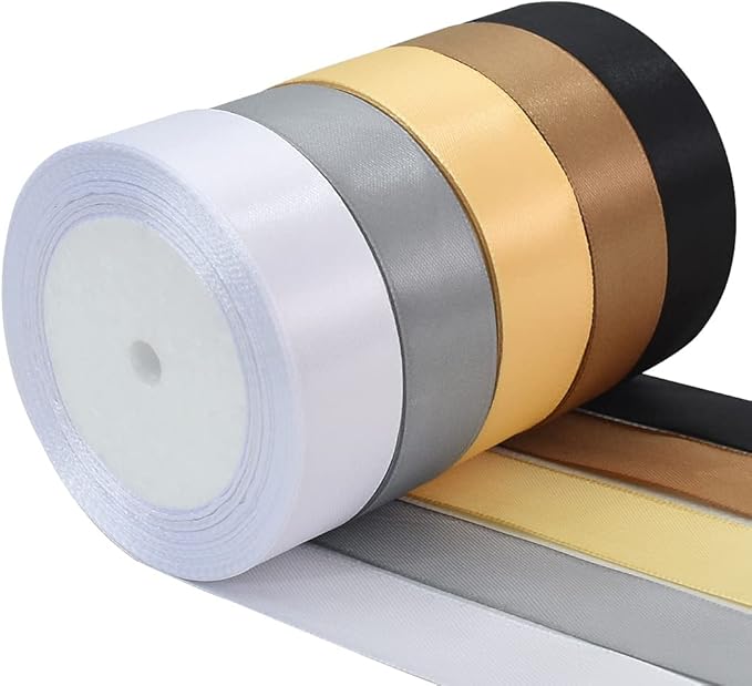 TONIFUL 1 Inch x 125 Yards 5 Colors Satin Ribbon Rolls, Mixed Black and Gold Color Set Fabric Ribbon for Gift Wrapping Embellish Wedding Birthday Party Decoration Bow Making Floral Craft Sewing