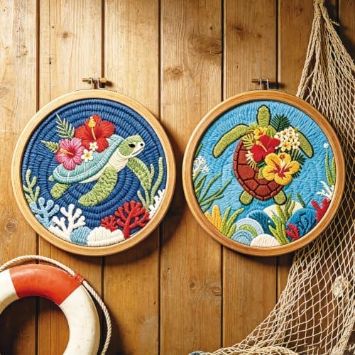 BEUNITONE 2PCS Punch Needle Kits with Sea Turtle Pre-Print Pattern Easy for Beginners, DIY Craft Embroidery Needlepoint Kits for Adults with Hoop Punch Needle Set for Craft Lovers Home Decor 7.9x7.9 - Image 6