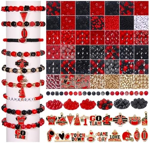 3000PCS+ Game Day Beads for Bracelets Making Red Black Clay Heishi Beads Pearl Acrylic Letter Bead Enamel Football Charms for Bracelet Earrings Necklace Making DIY Game Day Accessories (Red Black) by NVENF