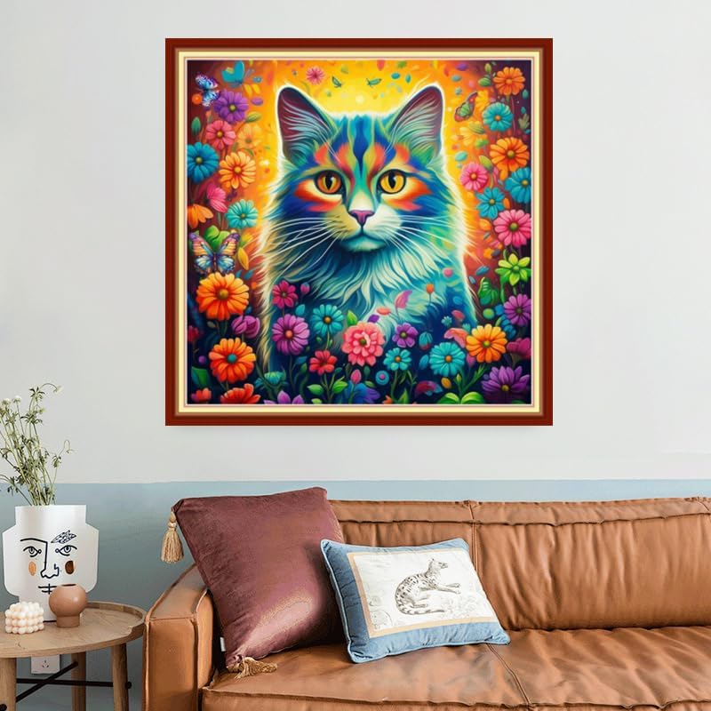 Joyhoor Stamped Cross Stitch Kits for Beginners, Needlepoint Kits for Adults, 11CT Counted Embroidery Kits-Cat Flowers 18x18 inchs - Image 2