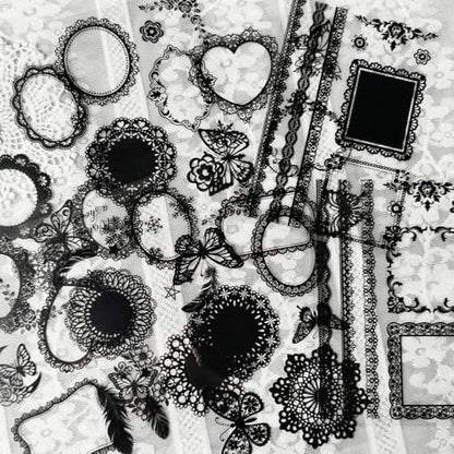 130 Pcs Vintage Black White Lace Scrapbook Stickers - Classic Butterfly Feather Heart Embellishments for DIY Journal Wedding Photo Album Craft Decor, Fade-Resistant Waterproof Reusable - Image 2