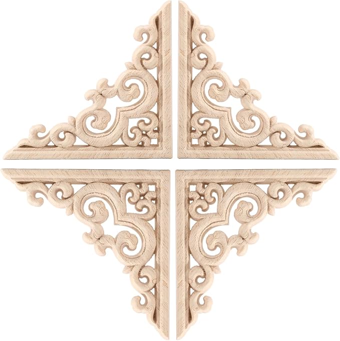 4PCS Corner Wooden Carving Decal Unpainted Wood Appliques Onlays DIY Wood Carved Furniture Appliques Onlays for Wall Bed Door Wardrobe Cabinet Furniture Decoration(05,10x10cm/3.94x3.94inch)