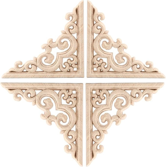 4PCS Corner Wooden Carving Decal Unpainted Wood Appliques Onlays DIY Wood Carved Furniture Appliques Onlays for Wall Bed Door Wardrobe Cabinet Furniture Decoration(05,10x10cm/3.94x3.94inch)