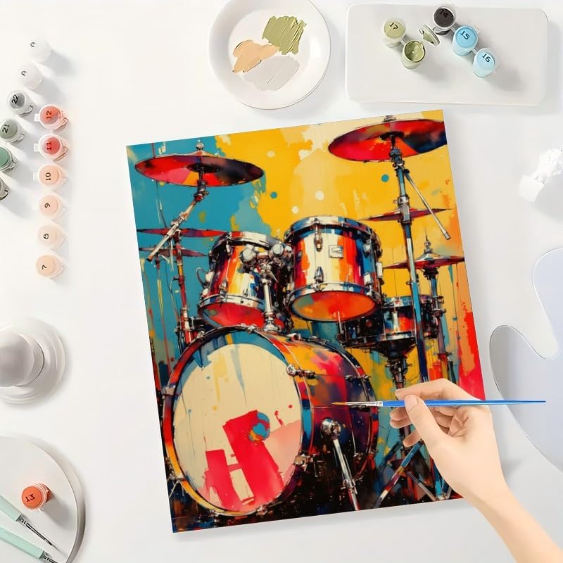 Music Paint by Numbers Kit for Adults – DIY Colorful Drum Set Painting on Canvas 16x20 Inches, Acrylic Paint Set for Beginners, Artistic Wall Art for Home Decoration or Gifts - Image 3