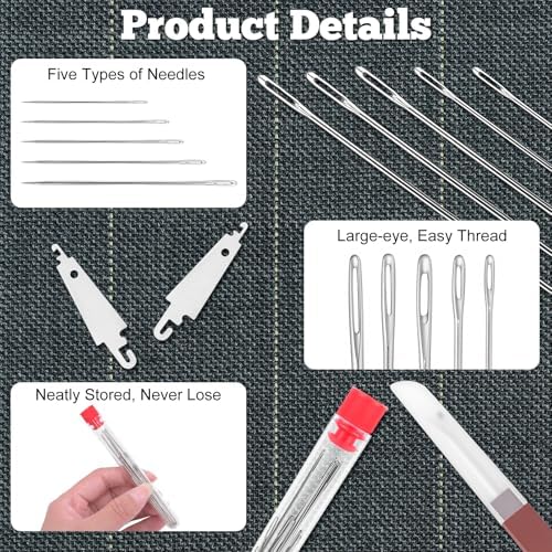 Hysagtek 34 Pcs Steel Sewing Needles Kit - Big Eye Steel Needle for Hand Sewing, Sewing Kit for Adult with Thread Ripper, Needle Threaders, Threads and Thimbles - Image 3