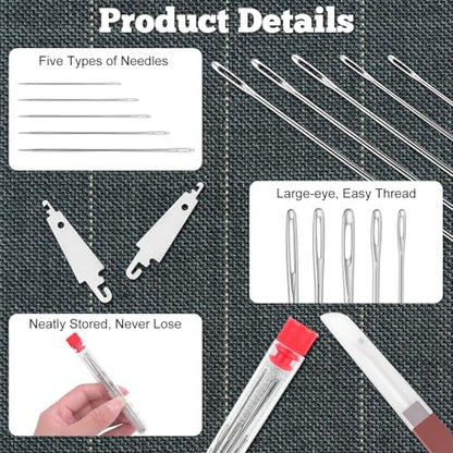 Hysagtek 34 Pcs Steel Sewing Needles Kit - Big Eye Steel Needle for Hand Sewing, Sewing Kit for Adult with Thread Ripper, Needle Threaders, Threads and Thimbles - Image 3