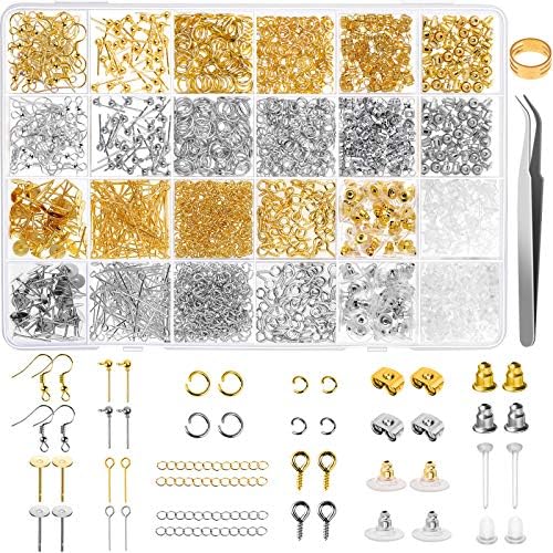 Earring Making Supplies Kit, Caffox 2900pcs Earring Hardware Pieces Repair Parts with Earring Hooks Posts Backs and Jump Rings for Making Earrings Studs and Jewelry Making (Silver & Gold) by Caffox
