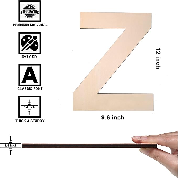12 Inch Wooden Letter Z, 1/4 Inch Thick Large Unfinished Wood Letter for DIY Crafts Home Wall Decor