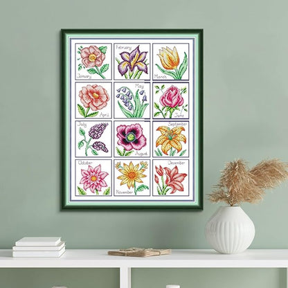 Qeerysew Cross Stitch Kits Stamped Full Range of Embroidery Starter Kits for Beginners DIY- Printed kit Year-Round Flowers(Printed) 14CT17.7x22inches