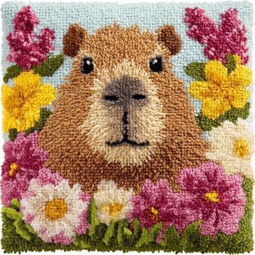 DIY Latch Hook Pillow Kit Hydrochoerus Portrait in Flowers 43x43cm by Unknown