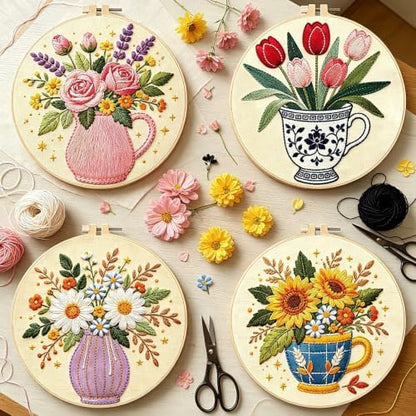 BEUNITONE 4 Set Embroidery Kits for Beginners, Flower Arrangement Design with Pre-Stamped Pattern Craft Kits Include Instruction and Hoops, 7.9x7.9 Needlepoint Kits for Festival Gifts and Home Decor - Image 6