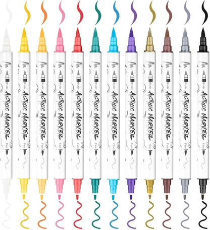 TRANSON 12 Colors Fine and Brush Dual-tip Acrylic Paint Marker Pen Set for Canvas Rock Wood Leather Ceramic DIY Painting