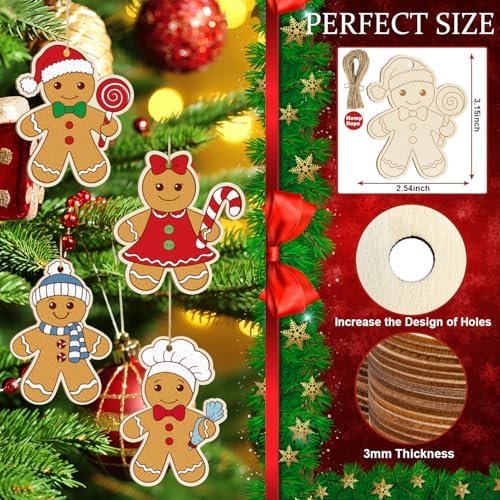 80PCS Wooden Christmas Ornaments to Paint, 8 Styles DIY Blank Unfinished Wood Gingerbread Man Cutouts Ornament for Crafts Winter Hanging Decorations - Image 2