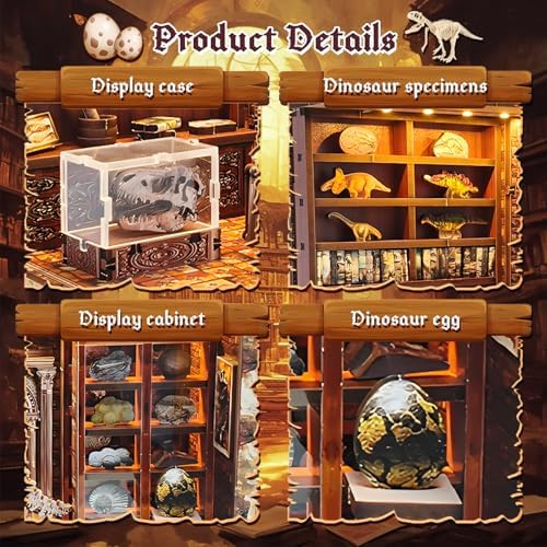 3D Wooden Puzzles for Adults, DIY Miniature Dollhouse, Book Nook Kit, Built-in LED Model Kit Hobby Gifts for Adults Teens Home Decor, Ideal Gift for Teenager and Men (Dinosaur Museum) - Image 5