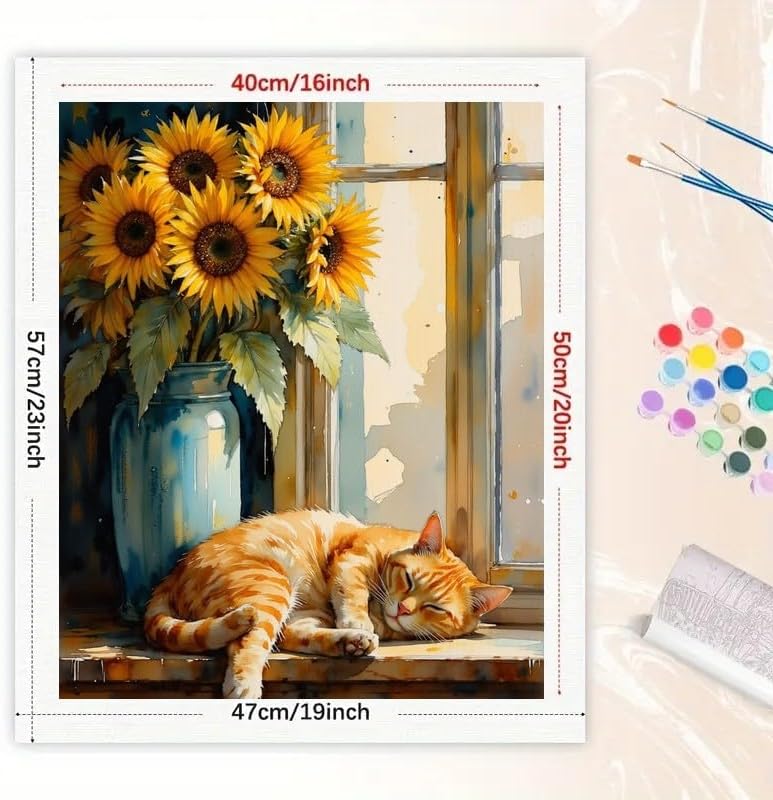 Sleeping Cat Paint by Numbers Kit for Adults - DIY Orange Cat and Sunflowers by Window Painting on Canvas 16x20 Inches, Acrylic Paint Set, Suitable for Beginners, Art for Decoration or Gifts - Image 2