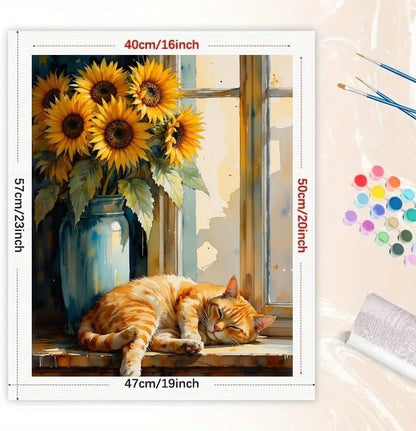 Sleeping Cat Paint by Numbers Kit for Adults - DIY Orange Cat and Sunflowers by Window Painting on Canvas 16x20 Inches, Acrylic Paint Set, Suitable for Beginners, Art for Decoration or Gifts - Image 2