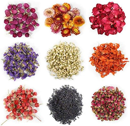 9 Bags Dried Flowers,100% Natural Dried Flowers Herbs Kit for Soap Making, DIY Candle Making,Bath - Include Rose Petals,Lavender,Don't Forget Me,Lilium,Jasmine,Rosebudsand More by SACATR