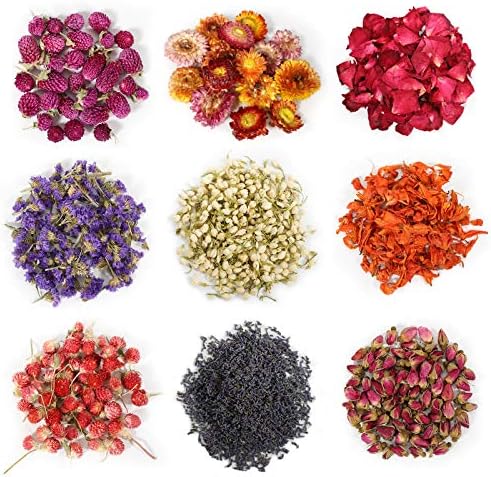 9 Bags Dried Flowers,100% Natural Dried Flowers Herbs Kit for Soap Making, DIY Candle Making,Bath - Include Rose Petals,Lavender,Don't Forget Me,Lilium,Jasmine,Rosebudsand More by SACATR