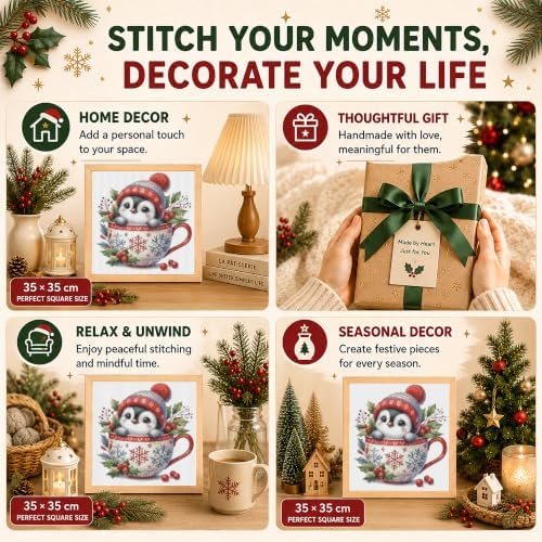 AuraDraw Christmas Stamped Cross Stitch Kits for Beginners Adults, Penguin Patterns Dimensions Needlepoint Art Crafts, Embroidery Kits for Beginners Adults for Home Decor 14x14inch - Image 6