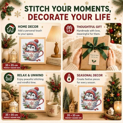 AuraDraw Christmas Stamped Cross Stitch Kits for Beginners Adults, Penguin Patterns Dimensions Needlepoint Art Crafts, Embroidery Kits for Beginners Adults for Home Decor 14x14inch - Image 6